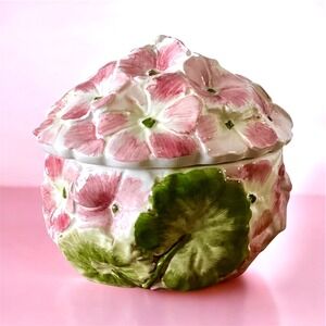 Vintage Italian Hand Painted 3D Majolica Floral Trinket Jar Box Pink Pansy